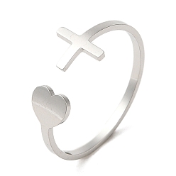 Stainless Steel Color 304 Stainless Steel Open Cuff Ring, Heart & Cross, Stainless Steel Color, US Size 8 1/2(18.5mm)