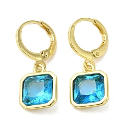 Deep Sky Blue Real 18K Gold Plated Brass Dangle Leverback Earrings, with Square Glass, Deep Sky Blue, 25.5x10.5mm