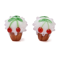 Blanco Hechos a mano de cristal de murano con baches, magdalena con cereza, blanco, 15x16.5x17 mm, agujero: 1.6 mm