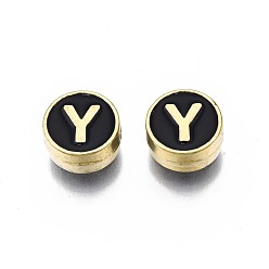 Letter Y Alloy Enamel Beads, Cadmium Free & Lead Free, Light Gold, Flat Round with Alphabet, Black, Letter.Y, 8x4mm, Hole: 1.5mm