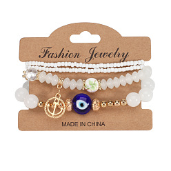 HY-2824-A White Bohemian Anchor Pendant Multi-layer Bracelet with Devil's Eye Glass Bead Elastic Bangle Jewelry