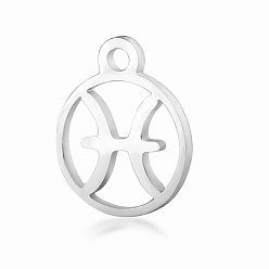 Pisces 201 Stainless Steel Charms, Flat Round with Constellation, Stainless Steel Color, Pisces, 13.4x10.8x1mm, Hole: 1.5mm
