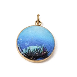 Royal Blue Printed 304 Stainless Steel Pendants, Round with Coral Charms, Ion Plating(IP), Long-Lasting Plated, Golden, Royal Blue, 16x13.5x3mm, Hole: 2.5mm