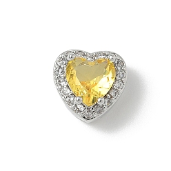 Желтый Латунные бусины, сердце, с микропаве из кубического циркония и кристаллического циркония, без кадмия и без свинца, ноябрь, платина, желтые, 9x10x7 мм, отверстие : 2/3x2 мм