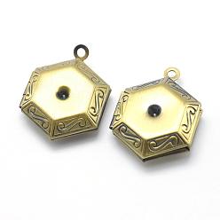 Brushed Antique Bronze Brass Locket Pendants, Photo Frame Charms for Necklaces, Cadmium Free & Nickel Free & Lead Free, Hexagon, Brushed Antique Bronze, 23x18x6mm, Hole: 1.5mm, Inner Size: 11x12.5mm, Fit For 2mm Rhinestone