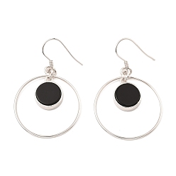 Obsidian Natural Obsidian Flat Round Dangle Earrings, Real Platinum Plated Rhodium Plated 925 Sterling Silver Earrings, 46x27.5mm