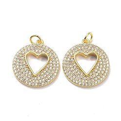 Real 18K Gold Plated Brass Micro Pave Clear Cubic Zirconia Pendants, with Jump Ring, Long-Lasting Plated, Flat Round with Heart, Real 18K Gold Plated, 21.5x19x2.5mm, Jump Rings: 5x1mm, 3mm Inner Diameter