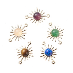 Mixed Stone Natural Mixed Gemstone Connector Charms, Sun Links, with Real 14K Gold Plated Brass Findings, 18x13.5x4mm, Hole: 1mm
