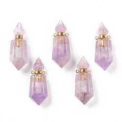 Amethyst Faceted Natural Amethyst Pendants, Openable Perfume Bottle, with Golden Tone Brass Findings, 39~42x14~16x13~14mm, Hole: 2mm, capacity: 1ml(0.03 fl. oz)