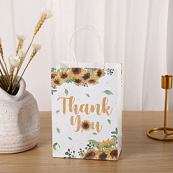 Flower Kraft Paper Bags, with Handle, Gift Bags, Shopping Bags, Rectangle with Word Thank You, Sunflower Pattern, 15x8x21cm