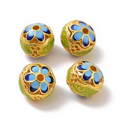 Deep Sky Blue Hollow Alloy Beads, with Enamel, Rondelle with Flower, Matte Gold Color, Deep Sky Blue, 14x13mm, Hole: 2.5mm
