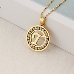 Letter T Crystal Rhinestone Initial Letter Pendant Necklace with Cable Chains, Stainless Steel Jewelry for Women, Golden, Letter.T, 15.75 inch(40cm)