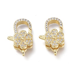 Real 18K Gold Plated Brass Micro Pave Clear Cubic Zirconia Lobster Claw Clasps, Long-Lasting Plated, Flower, Real 18K Gold Plated, 20x13x6.3mm, Hole: 1.8mm