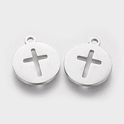 Stainless Steel Color 304 Stainless Steel Charms, Flat Round with Cross, Stainless Steel Color, 14x12x1mm, Hole: 1.5mm