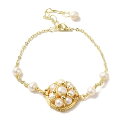 Real 14K Gold Plated Flower Natural Pearl Link Bracelets, with Brass Chains, Real 14K Gold Plated, 6-1/2 inch(16.5cm)