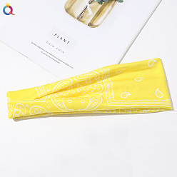 Hairband Style - Cashew Nut Hairband - Yellow Q45 Printed Wide Headband Yoga Sweatband Athletic Hair Band for Women