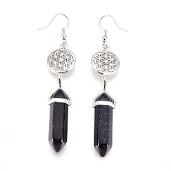 Blue Goldstone Pointed Bullet Synthetic Blue Goldstone Dangle Earrings, with Brass Earring Hooks and Flat Round with Flower of Life Links, Platinum, 77mm, Pin: 0.7mm