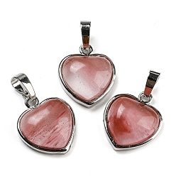 Cherry Quartz Glass Cherry Quartz Glass Pendants, Heart Charms with Platinum Plated Brass Snap on Bails, 20.5x17.5x7mm, Hole: 4x8mm
