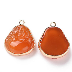 Шоколадный Природные подвески агат, с легкой позолоченной латунной фурнитурой, окрашенная и подогревом, очарование будды, цвет шоколада, 27.5~29x22.5~23x6.5~9 мм, отверстие : 2.5 мм