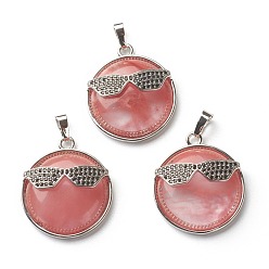 Watermelon Stone Glass Watermelon Stone Glass Pendants, with Platinum Tone Brass Findings, Flat Round with Glasses, 32~32.5x27.5x9mm, Hole: 6.5x5mm