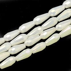 Beige Electroplate Glass Beads Strands, Imitation Jade Glass, Faceted Teardrop, Beige, 9~9.5x4mm, Hole: 1mm, about 72pcs/strand, 25.98 inch