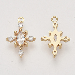 Clear Brass Micro Pave Cubic Zirconia Charms, Real 18K Gold Plated, Flower, Nickel Free, Clear, 17x11.5x2.5mm, Hole: 1.2mm
