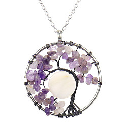 Amethyst Natural Amethyst Chips Tree of Life Pendant Necklaces, Brass Wire Wrap Necklace with Alloy Chains, 20.47 inch(52cm)