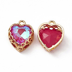 Fuchsia Heart K9 Glass Charms, Faceted, with Light Gold Tone Brass Edge, Fuchsia, 14.5x12x5.5mm, Hole: 1.6mm
