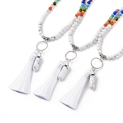 Howlite Natural Howlite Bullet & Tassel Pendant Necklace with Mixed Gemstone Beaded Chains, Chakra Yoga Jewelry for Women, 25.98 inch(66cm)