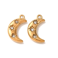 Crystal 304 Stainless Steel with Rhinestone Pendants, Moon Charms, Ion Plating(IP), Golden, Crystal, 16x9x3mm, Hole: 1.2mm