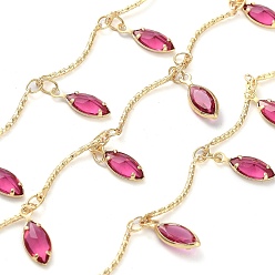 Real 18K Gold Plated Handmade Brass Curved Bar Link Chains, with Deep Pink Glass Horse Eye Charms, with Spool, Soldered, Real 18K Gold Plated, Link: 18x3x1mm, about 16.40 Feet(5m)/Roll