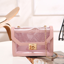Pink PU Handbags with Clear PVC Window, Rectangle Dual-Purpose Women's Shoulder Bag/Crossbody, with Metal Curb Chain Bag Strap & Turn Lock Clasp, Pink, 14.5x19x7cm