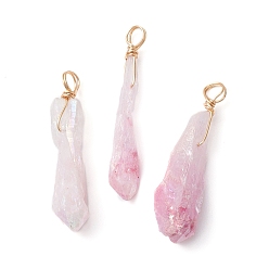Pink Electroplated Natural Quartz Crystal Dyed Pendants, Teardrop Charms with Golden Plated Copper Wire Loops, Pink, 34~37x6~10.5x6~9.5mm, Hole: 3.5mm