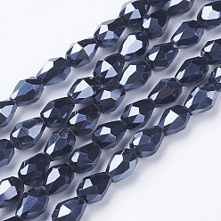 Prussian Blue Electroplate Glass Beads Strands, Pearl Luster Plated, Faceted, teardrop, Prussian Blue, 6x4mm, Hole: 1mm, about 72pcs/strand, 15 inch