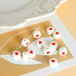 Red Handmade Porcelain Beads, for DIY Accessories, Flat Round with Heart, Red, 10.5x6mm
