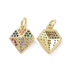 Real 18K Gold Plated Brass Micro Pave Colorful Cubic Zirconia Charms, with Jump Ring, Diamond, Real 18K Gold Plated, 13x11x3mm, Hole: 3.2mm