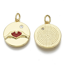 Red Brass Micro Pave Cubic Zirconia Pendants, with Enamel & Jump Rings, Nickel Free, Valentine's Day, Flat Round with Heart, Clear, Real 18K Gold Plated, Red, 18x16x2.5mm, Jump Ring: 5.5x0.8mm, inner diameter: 3mm.