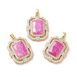 Magenta Rack Plating Brass & Crushed Ice Cut Cubic Zirconia Pendants, with Rhinestone, Real 14K Gold Plated, Cadmium Free & Lead Free, Rectangle, Magenta, 28x21x7mm, Hole: 5x2.5mm
