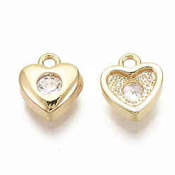 Clear Brass Micro Pave Cubic Zirconia Charms, Heart, Nickel Free, Real 18K Gold Plated, Clear, 8x7x2.5mm, Hole: 1.2mm