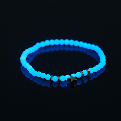 Platinum Luminous Acrylic Beaded Stretch Bracelet with Alloy Star, Glow In The Dark Jewelry for Women, Platinum, 7-7/8 inch(20cm)