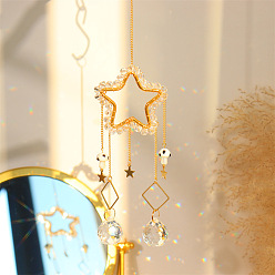 Blanched Almond Star Quartz Crystal Dyed Hanging Suncatcher Pendant Decoration, Crystal Ceiling Chandelier Ball Prism Pendants, with Brass & Iron Findings, Blanched Almond, 300mm