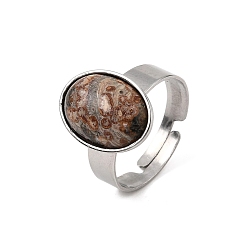 Leopard Skin Jasper Adjustable 304 Stainless Steel Finger Rings for Women, with Natural Leopard Skin Jasper, Oval, Stainless Steel Color, 17mm