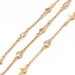 Real 18K Gold Plated Brass Rolo Chains, with Cross & Cubic Zirconia Flat Round Links, Unwelded, with Spool, Cadmium Free & Nickel Free & Lead Free, Real 18K Gold Plated, Links: 9x4.5x2.5mm, 13x5x1.5mm