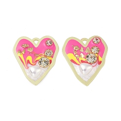 Pearl Pink Rack Plating Alloy Enamel Pendants, with Resin, ABS Imitation Pearl Beads, Rhinestone and Glass Beads, Cadmium Free & Nickel Free & Lead Free, Heart, Pearl Pink, 40x34.5x7mm, Hole: 3x3mm