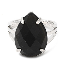 Obsidian Natural Black Obsidian Teardrop Adjustable Rings, Platinum Brass Ring, Lead Free & Cadmium Free, US Size 7(17.3mm)