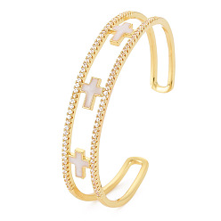 WhiteSmoke Clear Cubic Zirconia Cross Open Cuff Bangle with Enamel, Real 18K Gold Plated Brass Jewelry for Women, Cadmium Free & Lead Free, WhiteSmoke, Inner Diameter: 1-7/8x2-3/8 inch(4.8x6cm)
