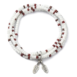 White Glass Seed Beaded Multi Loops Warp Bracelets, with Tibetan Style Alloy Charms, White, Inner Diameter: 2 inch(5.2cm)