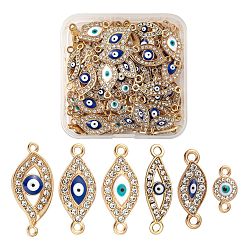 Mixed Color 60Pcs 6 Style Light Gold Plated Alloy Links, with Crystal Rhinestone and Enamel, Evil Eye & Flat Round with Evil Eye, Mixed Color, 13.5~27x7.5~12.5x2~3.5mm, Hole: 1.4~2mm, 10pcs/style