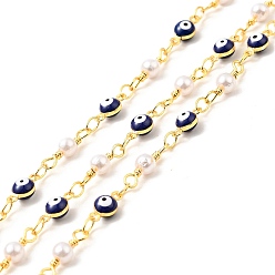 Marine Blue Enamel Evil Eye Link Chains, with Imitation Pearl Beaded & Brass Findings, Soldered, Real 18K Gold Plated, with Spools, Marine Blue, 4.5x9.5x4mm, 13x4mm