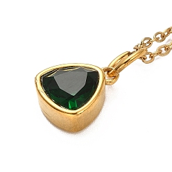 Dark Green Triangle Cubic Zirconia Pendant Necklaces, Ion Plating(IP) 304 Stainless Steel Cable Chain Necklace for Women, Golden, Dark Green, 17.91 inch(45.5cm)